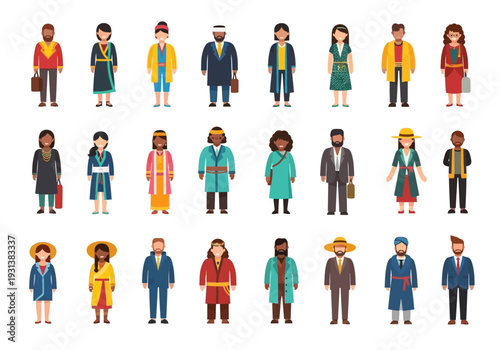 Diverse group of people standing together in various attire and accessories