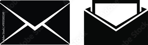 Two black envelope icons, one open with a letter inside, symbolizing email, mail, and communication.
