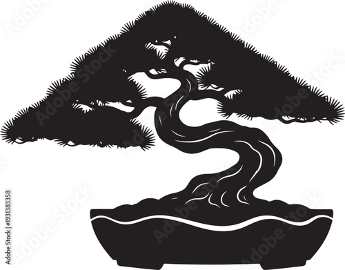 Silhouette of a bonsai tree in a pot with intricate foliage and a flowing trunk also transparent background