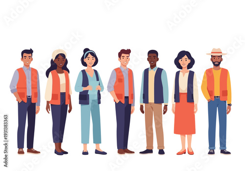 Diverse group of people standing together in a line wearing casual clothing and vests