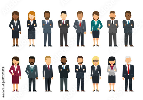 Diverse group of professionals standing together in formal attire