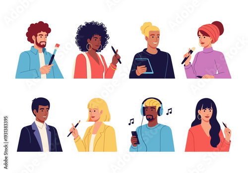 Diverse group of people enjoying music together, singing and listening with various devices in a lively atmosphere from a straightforward viewpoint