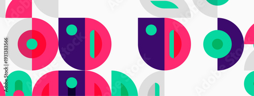 Abstract pattern features colorful overlapping shapes. Pink, purple, turquoise elements create playful design. Simple geometry dominates composition.