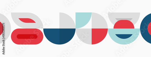 Abstract graphic design features colorful overlapping shapes forming letterforms. Minimalist style, modern aesthetic, simple composition.