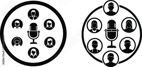 Podcast and interview concept with microphone icon surrounded by diverse people avatars, representing online communication, media, and digital broadcasting.