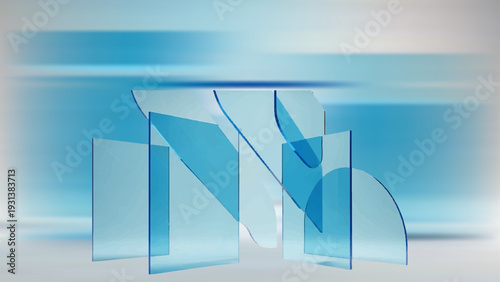 Modern blue glass panels forming dynamic abstract background with layered transparent shapes and soft gradient depth effect composition.