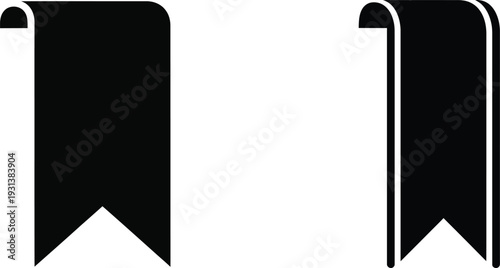 Set of two distinct black vector graphic ribbon bookmark illustrations showcasing a solid filled shape beside a bordered design element for marking digital or physical pages