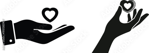 Hands holding and giving heart icons, representing love, care, charity, donation, and support. Ideal for concepts of kindness, health, and giving back.