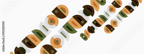 Abstract pattern features repeating oval shapes. Colors include brown, olive, beige, orange. Design appears modern, geometric.