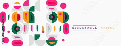 Abstract geometric shapes, vibrant colors, modern design. Background features playful forms, pink, green, orange hues.