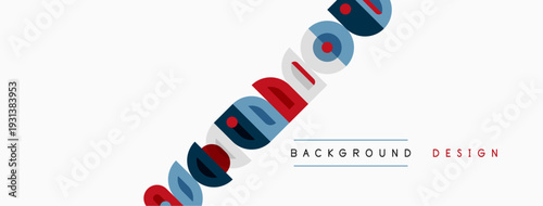 Colorful abstract shapes cascade diagonally across white space. Text labels background, design present below elements. Simple composition.