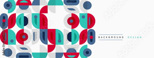 Abstract geometric pattern. Circles, squares, rectangles overlap creating modern design. Light background enhances colorful shapes.