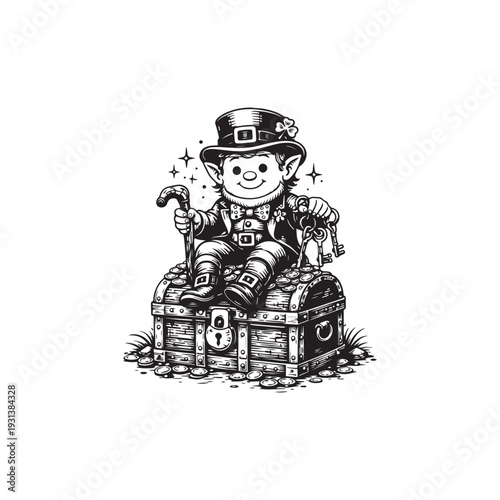 Leprechaun sitting on a chest of gold and holding a cane vector drawing sketch