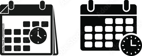 Calendar and clock icons symbolizing time management, deadlines, appointments, and scheduling. Essential for planning, organization, and project management visuals.
