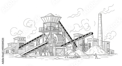 Industrial Factory with Smokestacks and Machinery.