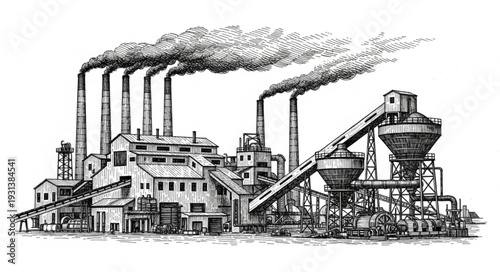 Industrial Factory with Smokestacks and Machinery.