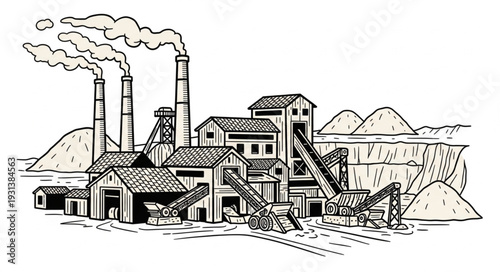Industrial Factory with Smokestacks and Machinery.