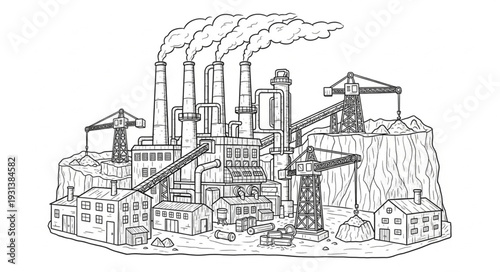 Industrial Factory with Smokestacks and Machinery.