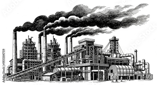 Industrial Factory with Smokestacks and Pollution.
