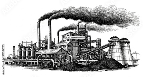 Industrial Factory with Smokestacks and Pollution.