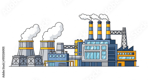Industrial Factory with Smokestacks and Buildings.