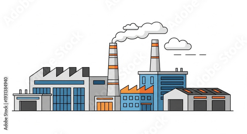 Industrial Factory with Smokestacks and Buildings.
