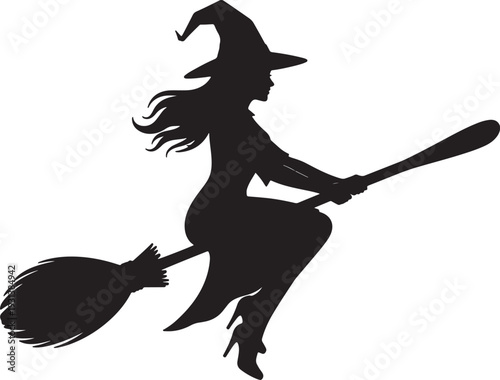 Silhouette of a witch flying on a broomstick with flowing hair and pointed hat also transparent background