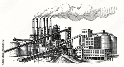 Industrial Factory with Smokestacks and Buildings.