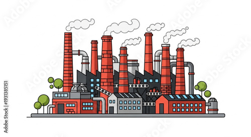 Industrial Factory with Smokestacks and Buildings.