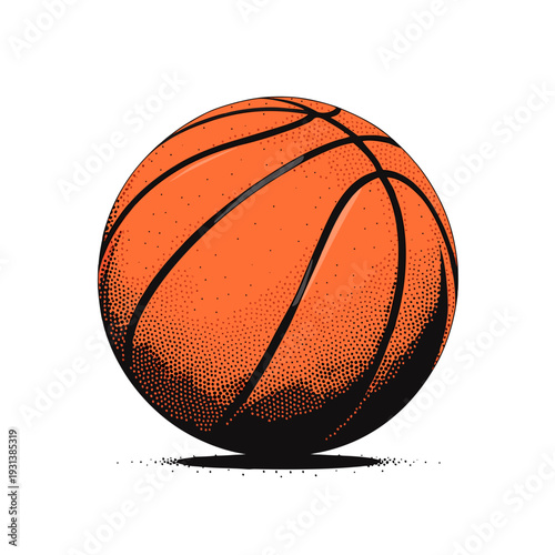 A detailed orange basketball rendering features a stippled texture and dark shadow cast on the ground plane.