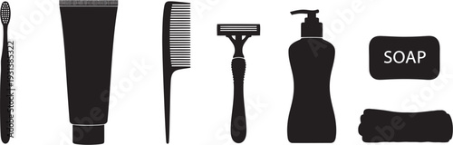 Black silhouettes of shaving and grooming products on white background, including razor, shaving cream, toothbrush, toothpaste, soap, and towel, for hygiene and beauty routine concept