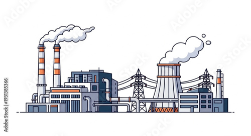 Industrial Factory with Smokestacks and Chimneys.