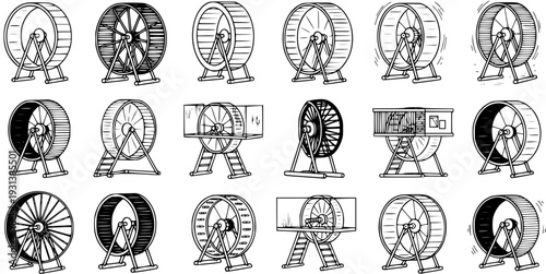 Set of various hand-drawn hamster wheels. Doodle sketch illustrations of pet exercise equipment for rodents, isolated on white background.