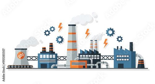 Industrial Factory with Smokestacks and Machinery.