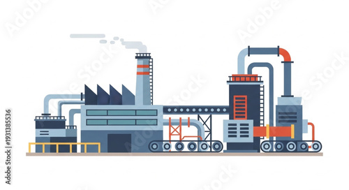 Industrial Factory with Smokestacks and Machinery.