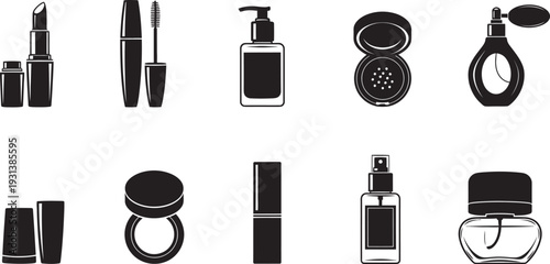 Black and white illustration of various makeup and beauty products on a clean white background for cosmetic branding and advertising