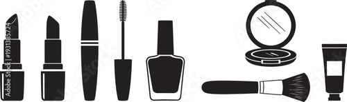 Black and white makeup cosmetics illustration with lipstick, mascara, nail polish, eyeshadow, and brushes on white background for beauty concept