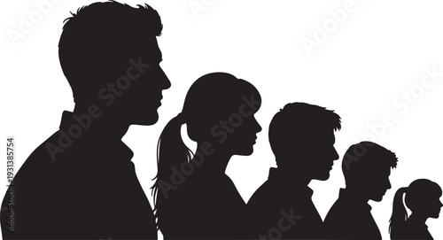 Silhouettes of a family with members of varying ages standing in a line also transparent background people