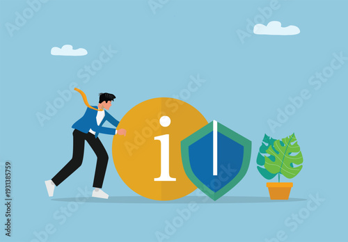 Businessman Pushing Information Symbol with Security Shield for Data Protection, Cybersecurity, Privacy, and Digital Information Safety Concept Illustration