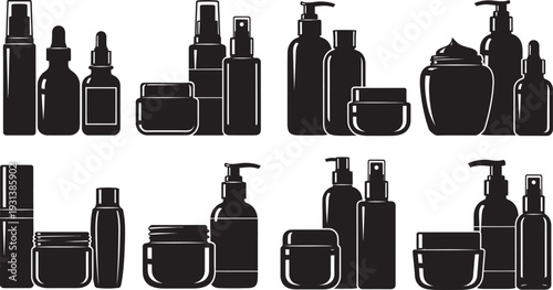 Black silhouettes of various cosmetic beauty products and skincare containers on white background for design and branding