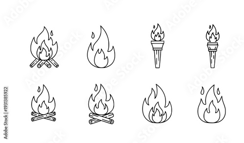 Minimal Thin Line Fire Icon Set Vector – Flame and Bonfire Symbols