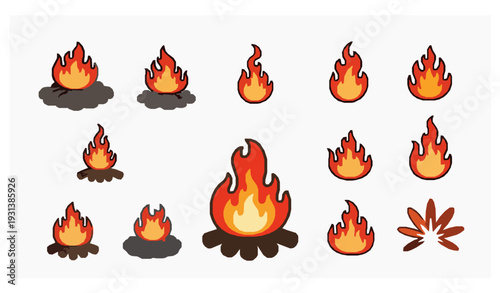 Cartoon Fire Icon Set Vector – Bonfire and Flame Symbols