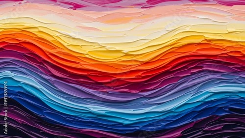 Vibrant colored layers stacked horizontally create a wavy abstract background with gradient hues.