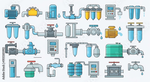 Collection of water filtration and pumping system components.