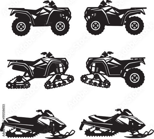 Silhouettes of all- terrain vehicles and snowmobiles in black also transparent background all-terrain vehicles