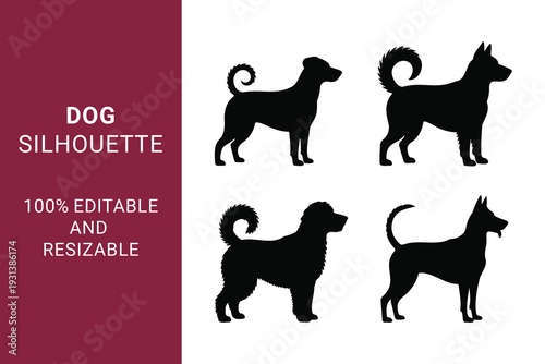 Dog Silhouette set with Various Breeds and Poses while they are Jumping, Running, and Sitting can be use able for Pet Branding and Logos 100% editable