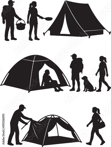 Silhouettes of campers setting up tents walking with backpacks and a dog also transparent background