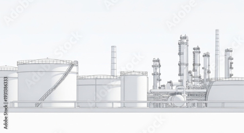 Industrial oil refinery complex with storage tanks and towers.