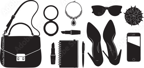 Black silhouette fashion accessories and beauty products flat lay with handbag, jewelry, shoes, phone, and makeup on white background for stylish lifestyle concept