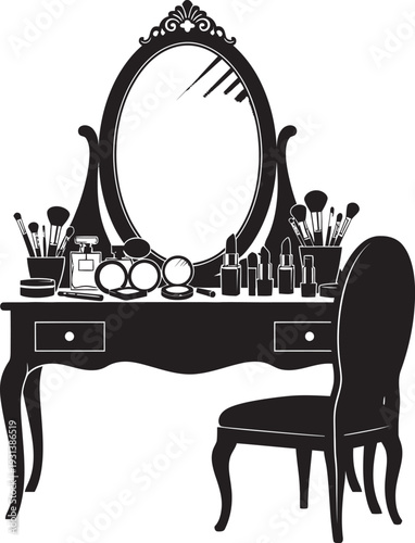 Black silhouette of makeup vanity with chair and mirror, beauty and cosmetics concept, makeup brushes and products on table, elegant dressing table